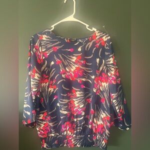 Ann Taylor Navy Floral Blouse with Pink & Cream Accents